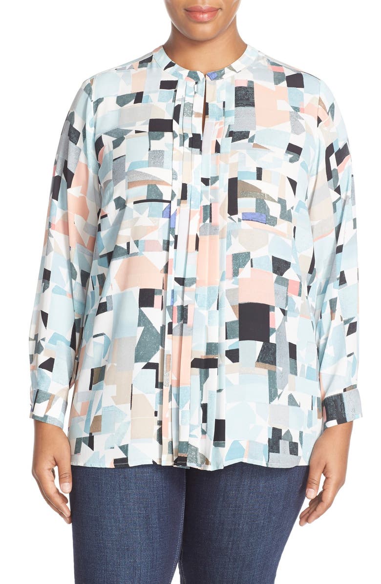 Vince Camuto Print Pleat Split Neck Blouse, Main, color, 