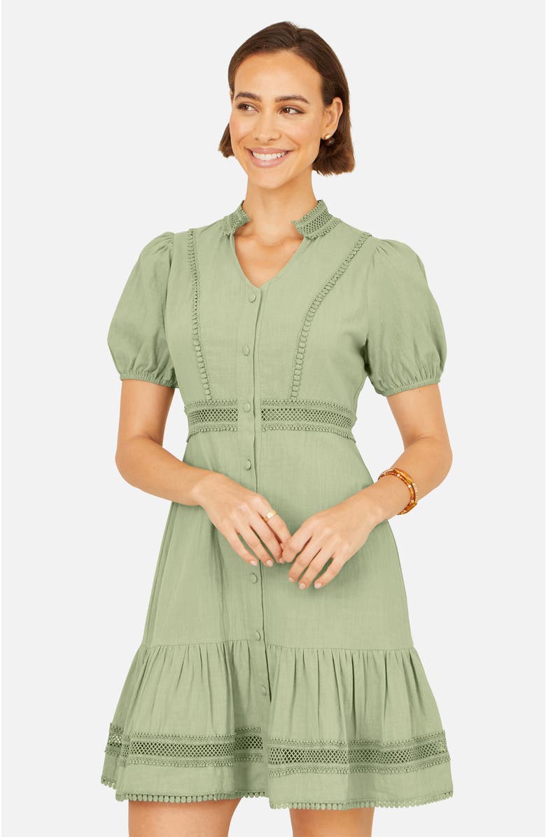 Yumi Cotton Lace Trim Skater Shirt Dress, Alternate, color, Mint Green