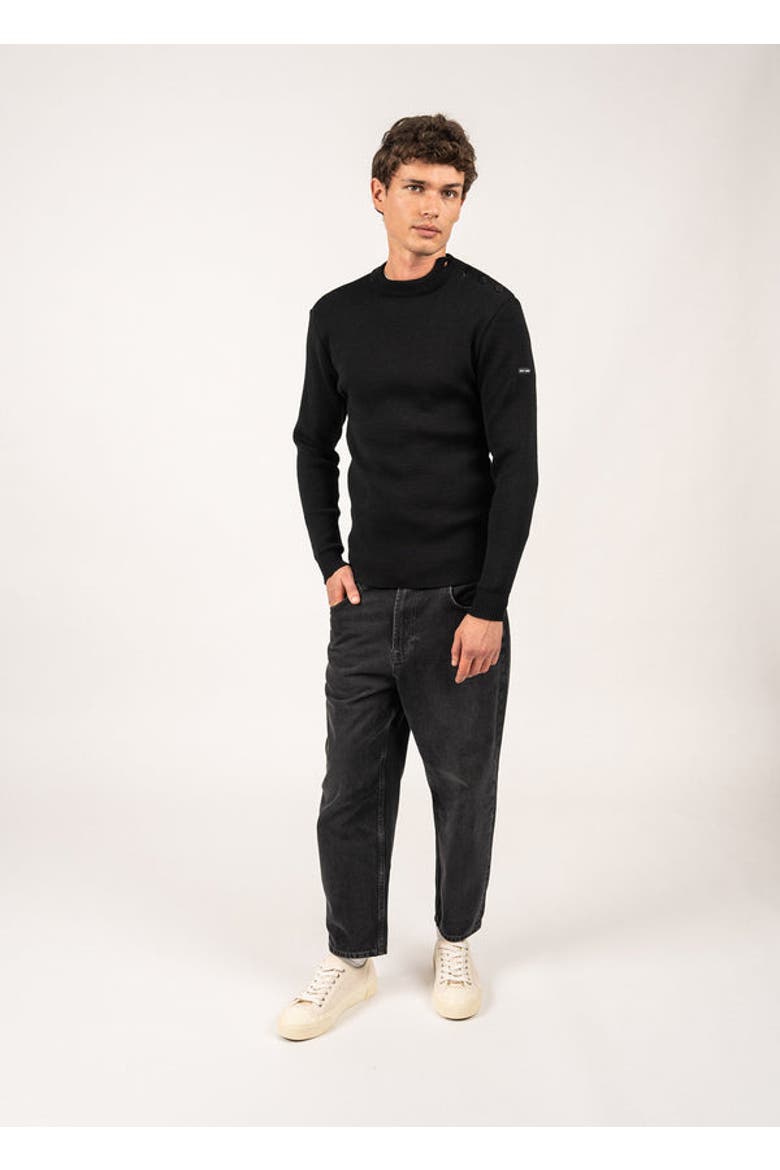 MATELOT - Wool Fisherman Sweater with Button Shoulder, Main, color, Black