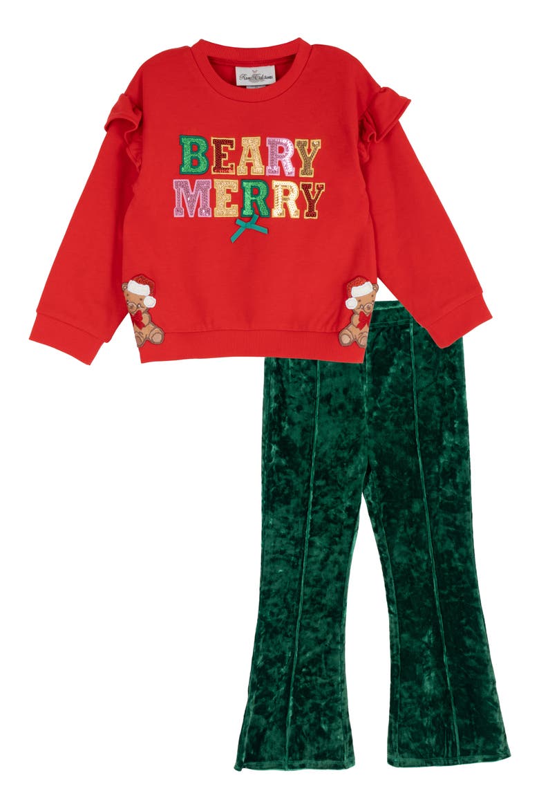 Kids' Beary Merry Sweatshirt & Velvet Pants Set, Main, color, RED