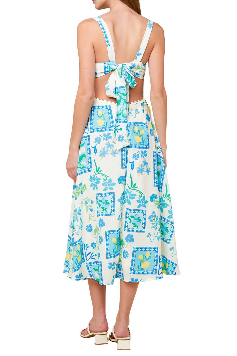 Floral Tie Back Fit & Flare Midi Dress, Alternate, color, IVORY BLUE
