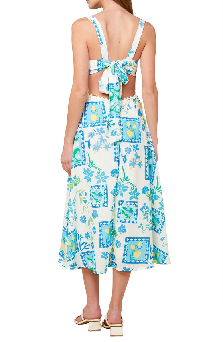 FLYING TOMATO Floral Tie Back Fit & Flare Midi Dress, Alternate, color, Ivory Blue