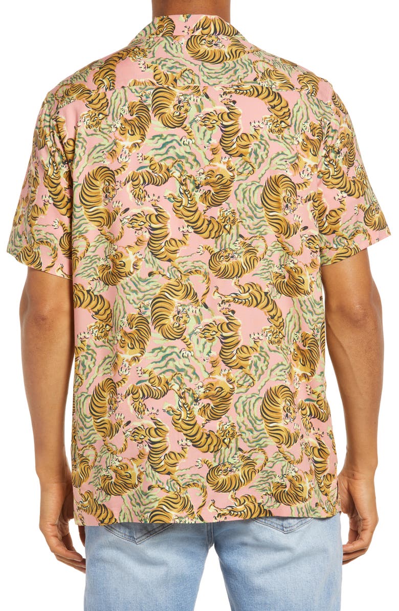 Topman Men's Tiger Print Short Sleeve Button-Up Shirt, Alternate, color, 