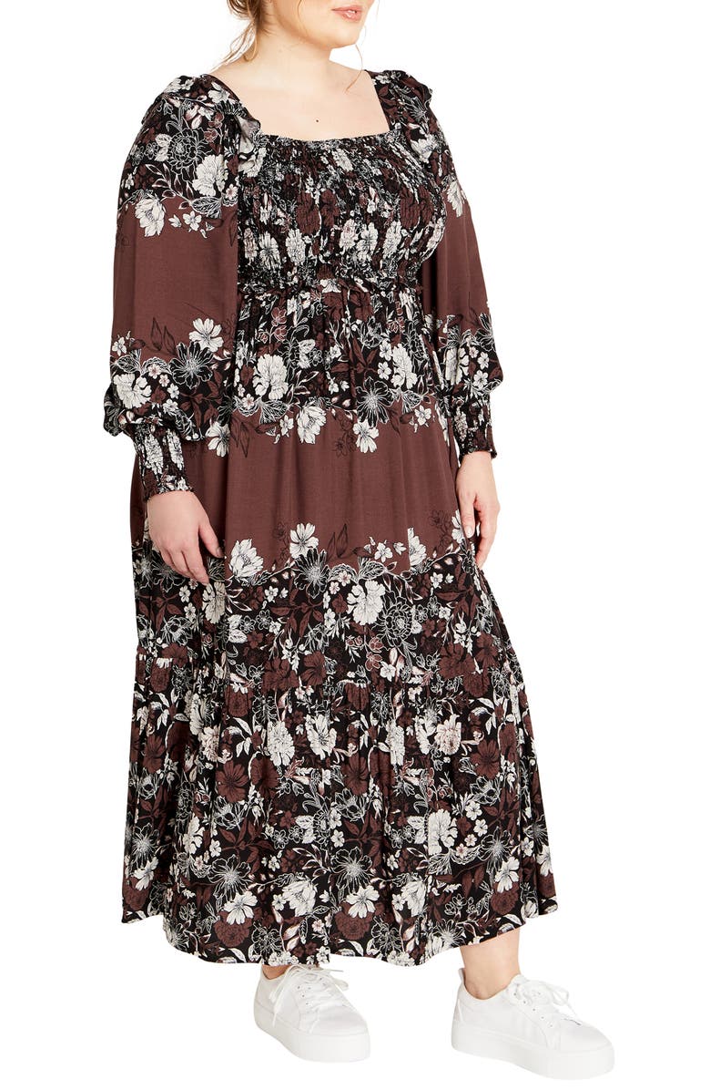 City Chic Sadie Smocked Bodice Long Sleeve Maxi Dress, Alternate, color,