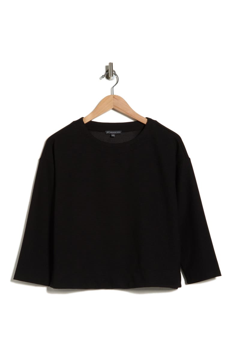 Three-Quarter Sleeve Drop Shoulder Rib Knit Top, Alternate, color, BLACK