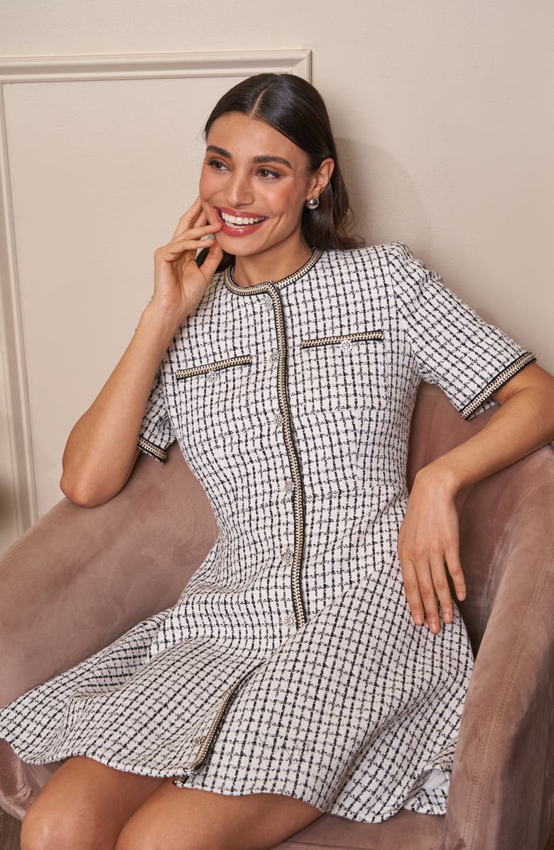 CeCe Short Sleeve Tweed Fit & Flare Dress, Alternate, color, 