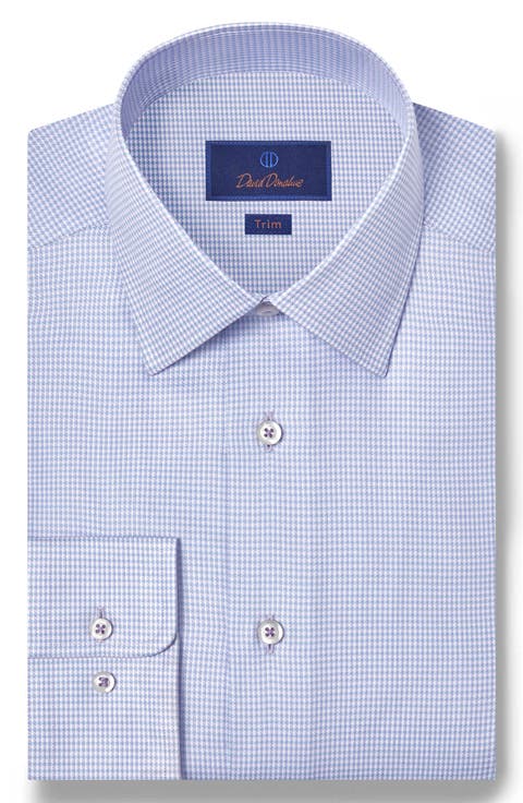 Trim Fit Herringbone Check Cotton & Silk Dress Shirt