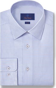 David Donahue Trim Fit Herringbone Check Cotton & Silk Dress Shirt