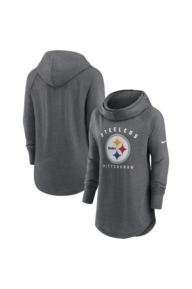 Women's Nike Heather Charcoal Pittsburgh Steelers Raglan Funnel Neck Pullover Hoodie, Main, color, Heather Charcoal