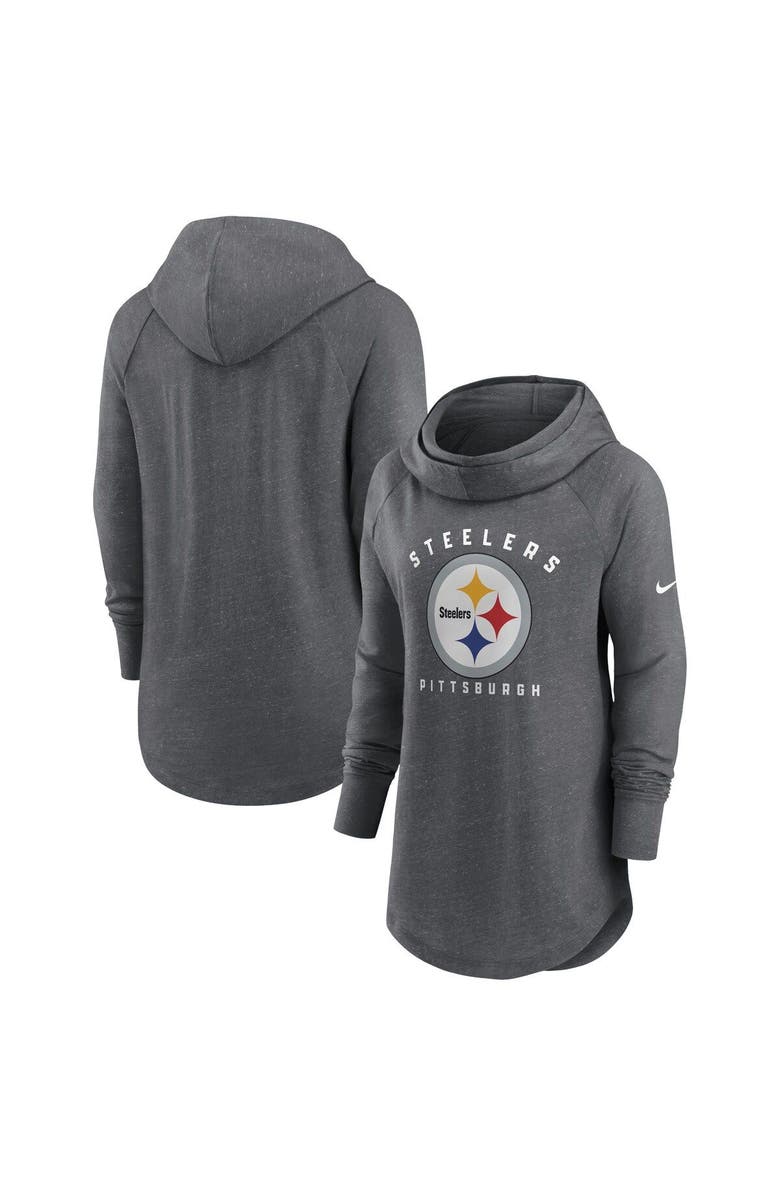 Nike Women's Nike Heather Charcoal Pittsburgh Steelers Raglan Funnel Neck Pullover Hoodie, Main, color, Heather Charcoal