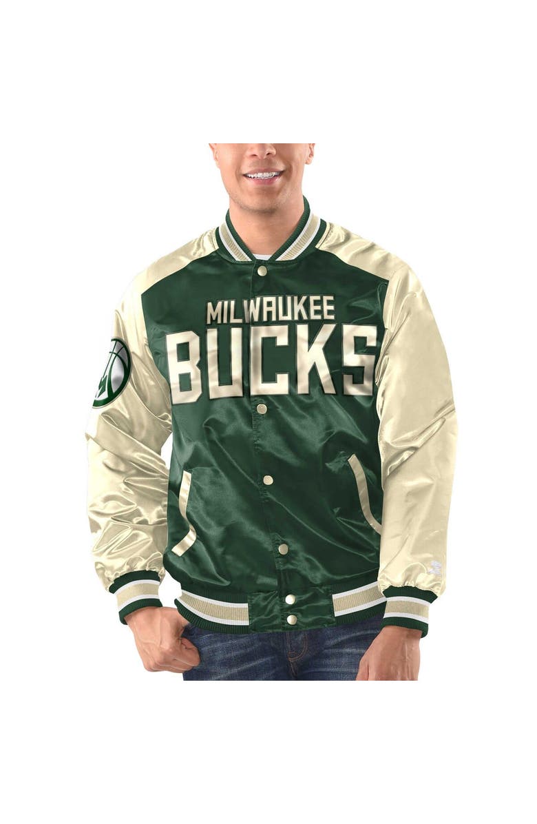 STARTER Men's Starter Hunter Green/Cream Milwaukee Bucks Renegade Satin Full-Snap Varsity Jacket, Alternate, color, Hunter Green