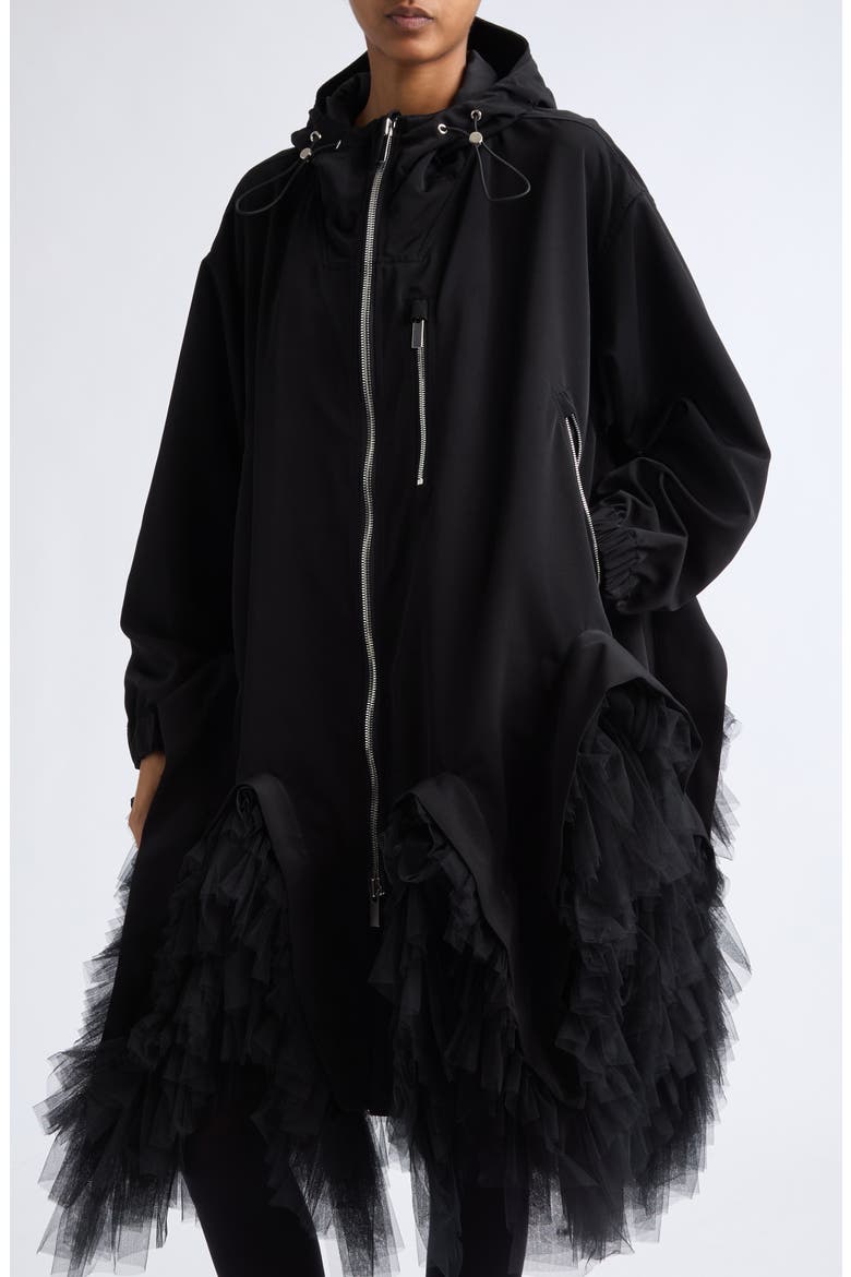 Hooded Technical Tulle Coat, Alternate, color, BLACK