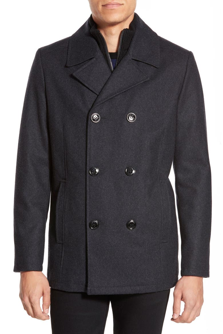 Kenneth Cole New York Classic Peacoat with Knit Bib Lining, Main, color, CHARCOAL
