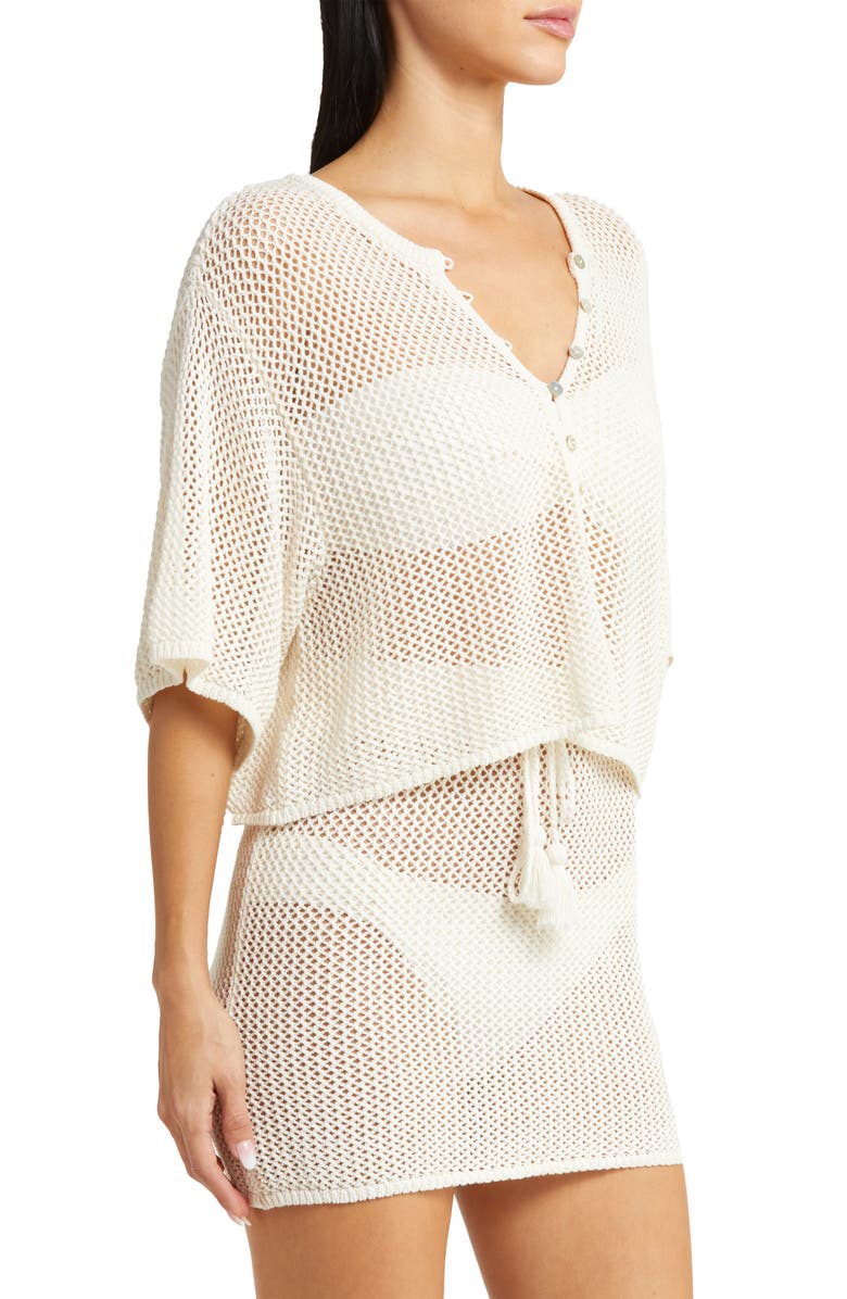 LSPACE Coast Is Clear Open Stitch Cotton Crop Cardigan, Alternate, color, Cream