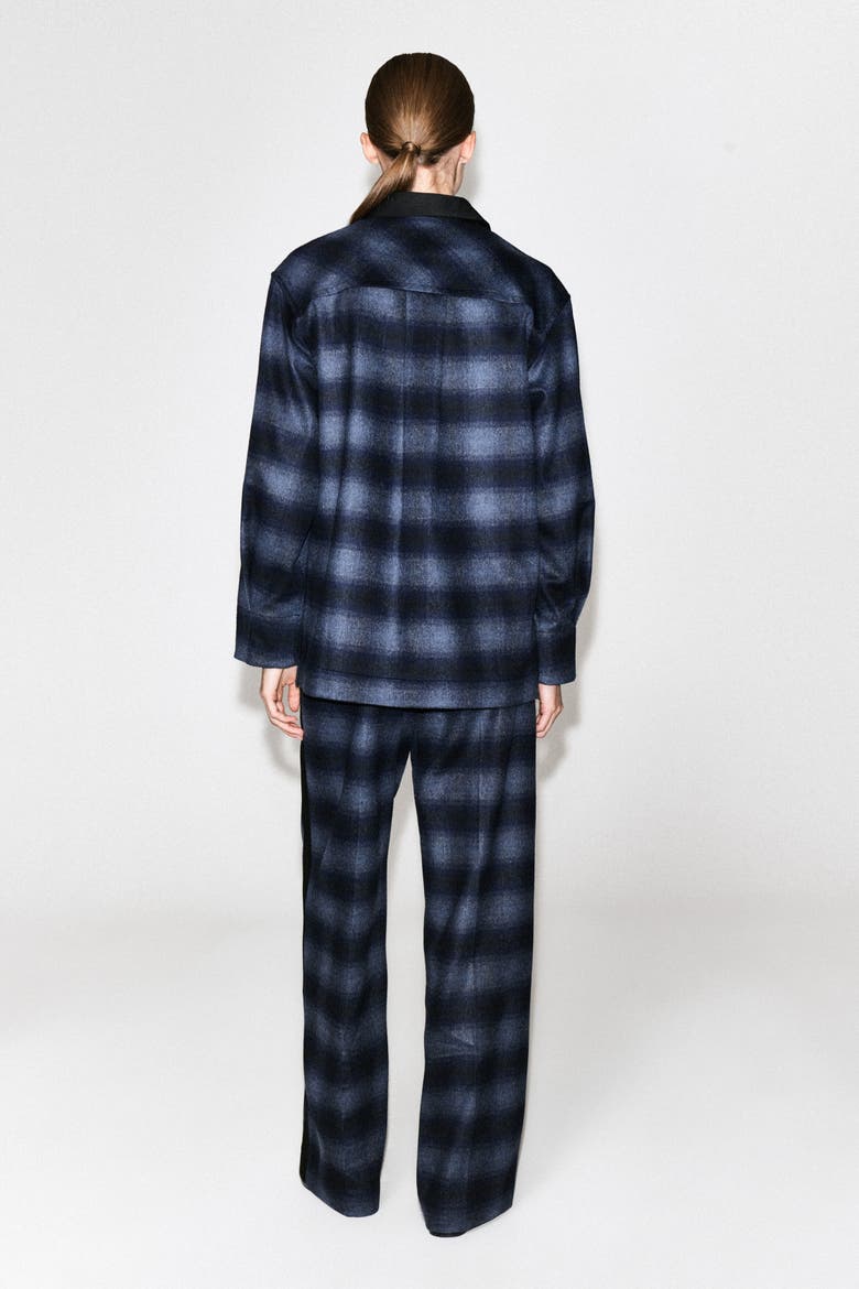 Satin-detail Checked Wool-blend Shirt, Alternate, color, BLUE / CHECKED