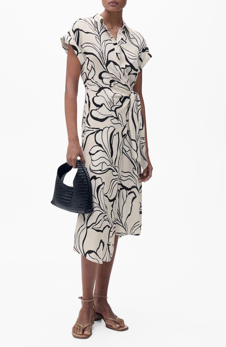 MANGO Floral Side Tie Midi Shirtdress, Main, color, Ecru