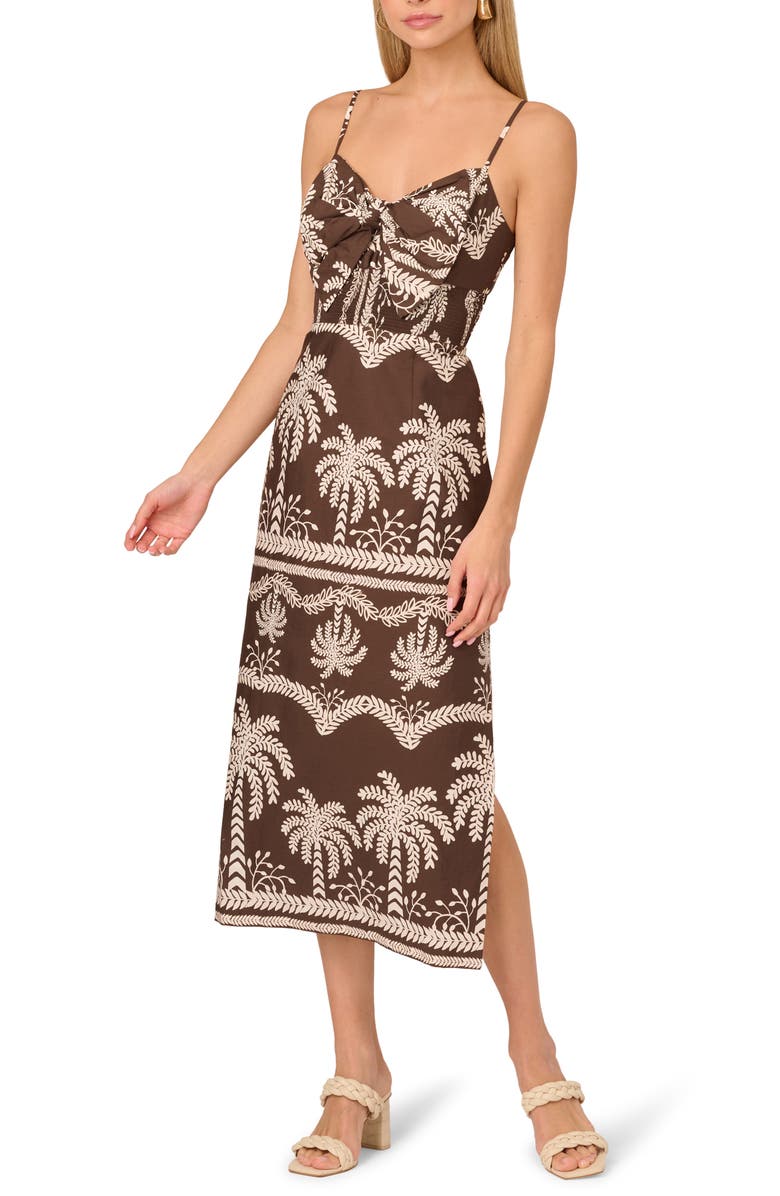 Adrianna Papell Print Smocked Sleeveless Midi Dress, Main, color, Brown/ Ivory