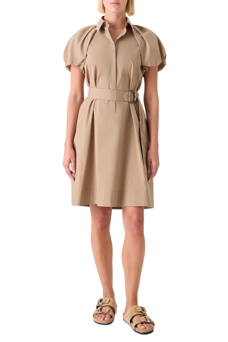 Belted Balloon Sleeve Cotton Blend Polo Dress, Main, color, BEIGE