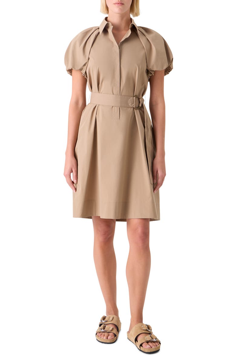 Akris punto Belted Balloon Sleeve Cotton Blend Polo Dress, Main, color, Beige