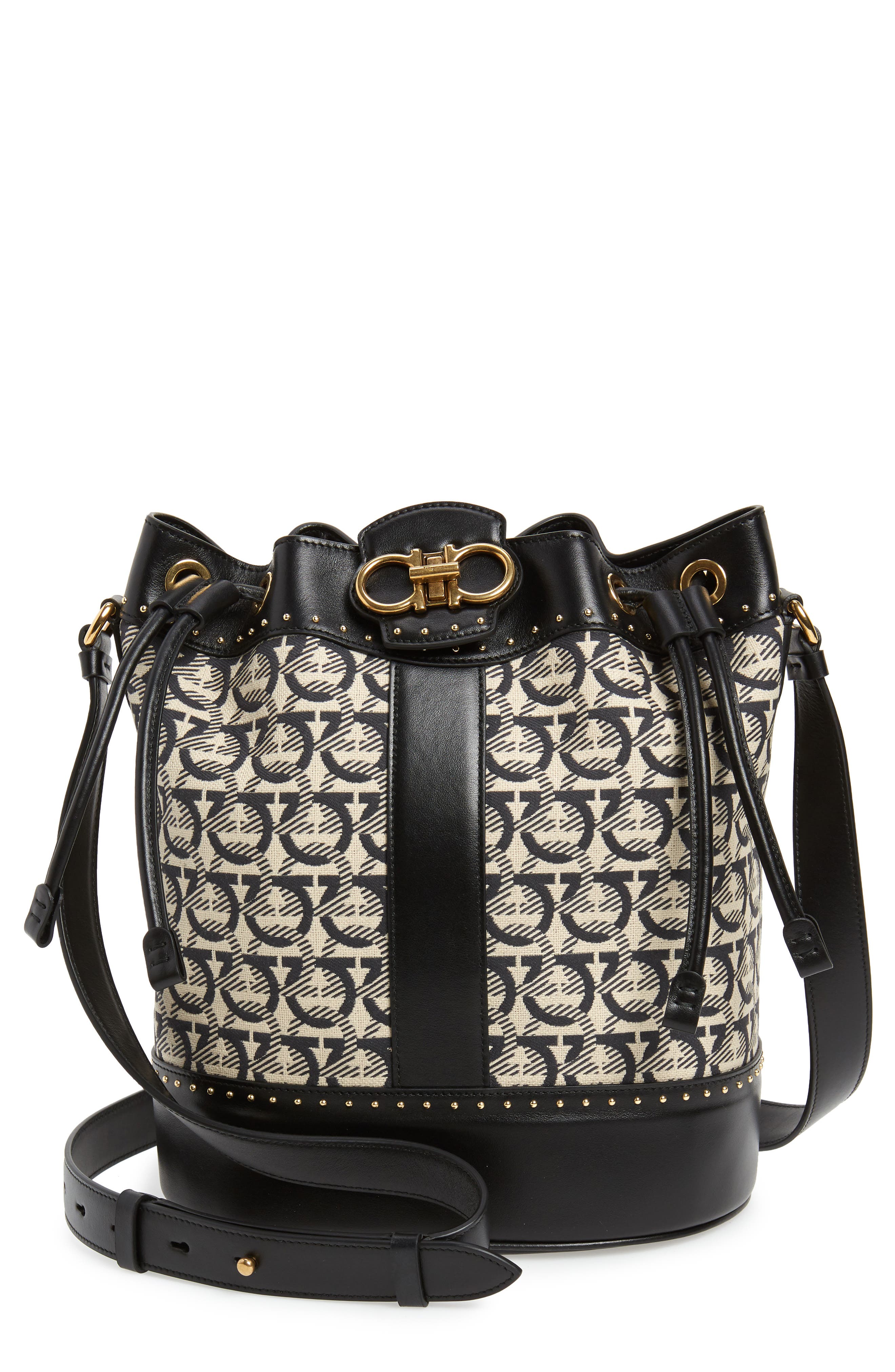 FERRAGAMO Salvatore Ferragamo Leather & Jacquard Bucket Bag, Main, color, 