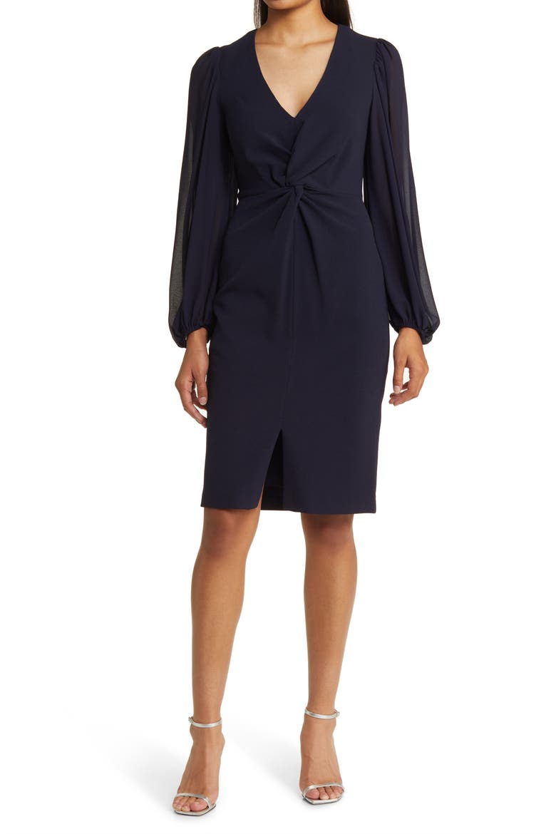 Twist Long Sleeve Stretch Crepe Dress, Main, color, NAVY