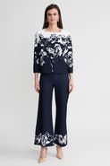 Ming Wang Floral Print Stretch Deco Crepe Blouse