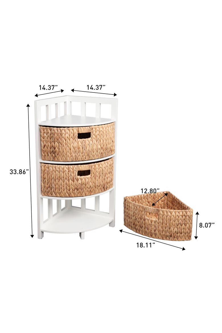 Quart Handcrafted Acacia Wood 3-Tier Corner Storage Cabinet with 3 Water Hyacinth Baskets, Alternate, color, White