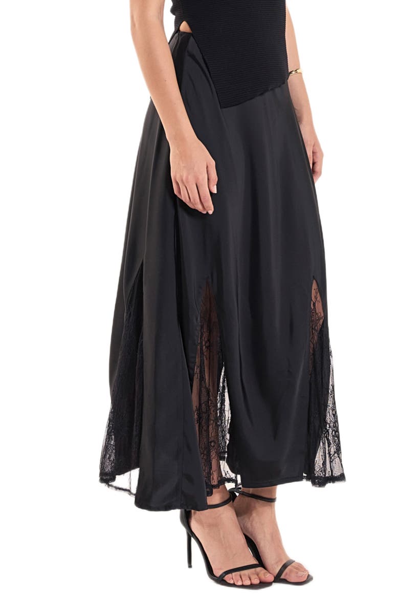 Lace Trim Satin Midi Skirt, Alternate, color, BLACK