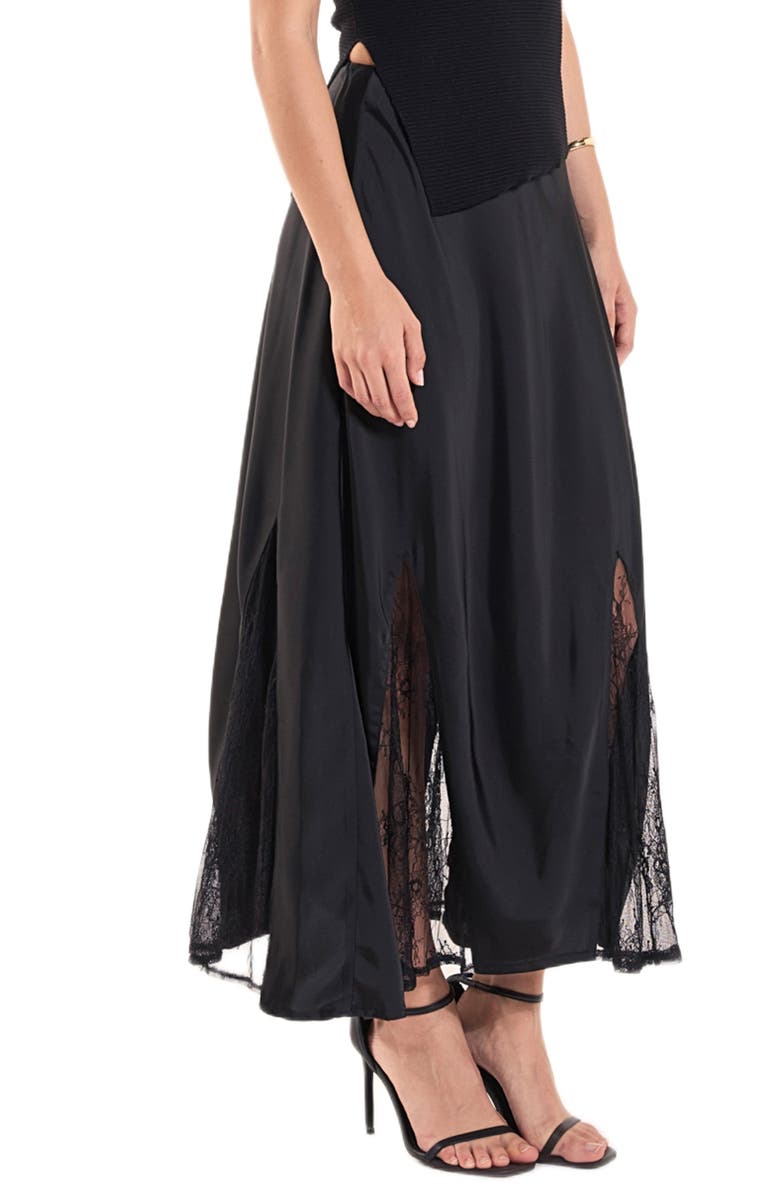 Endless Rose Lace Trim Satin Midi Skirt, Alternate, color, Black