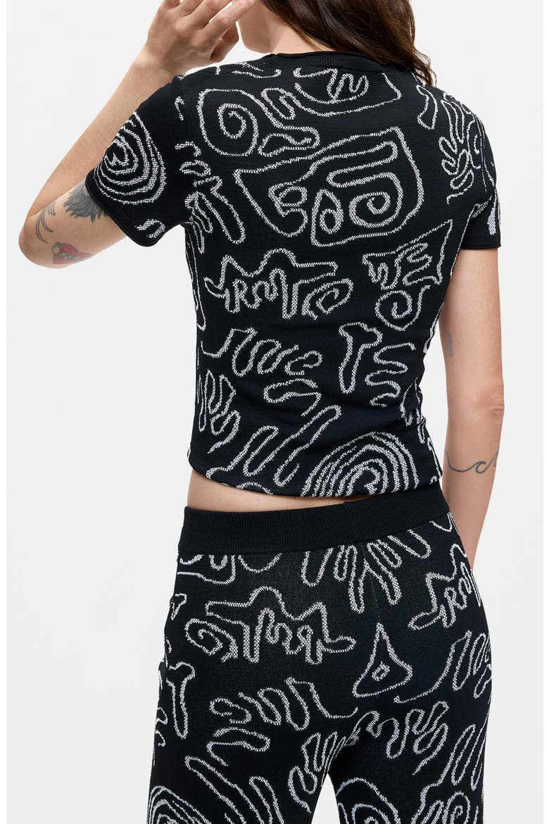 Jacquard Short Sleeve Knit Top, Alternate, color, BLACK