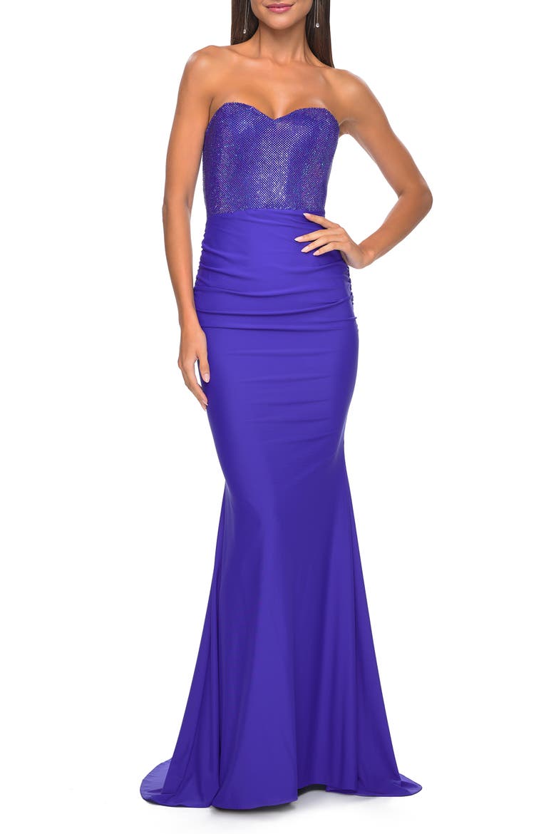 Sweetheart Rhinestone Fishnet Bodice Dress with Fitted Skirt, Main, color, Royal Blue