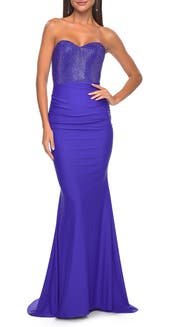 La Femme Sweetheart Rhinestone Fishnet Bodice Dress with Fitted Skirt