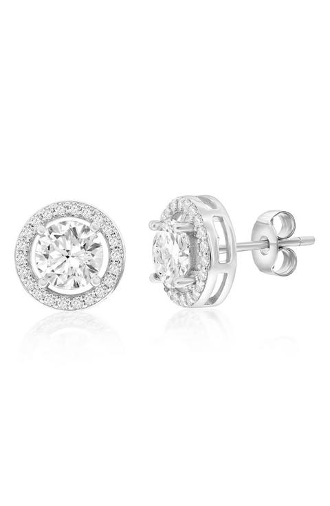 Sterling Silver Round Cubic Zirconia Halo Stud Earrings