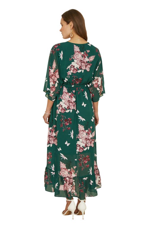 Yumi Floral Kimono Dipped Hem Dress In Green