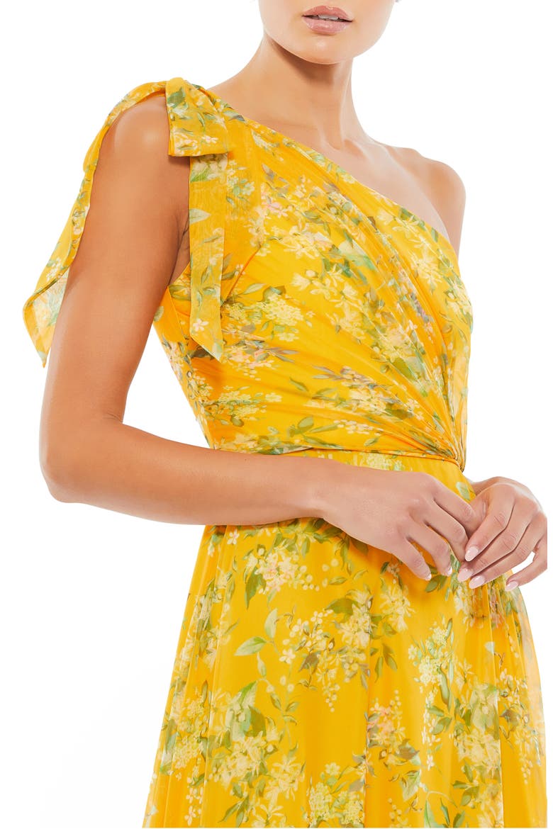 One-Shoulder Floral Print Chiffon A-Line Gown, Alternate, color, YELLOW MULTI