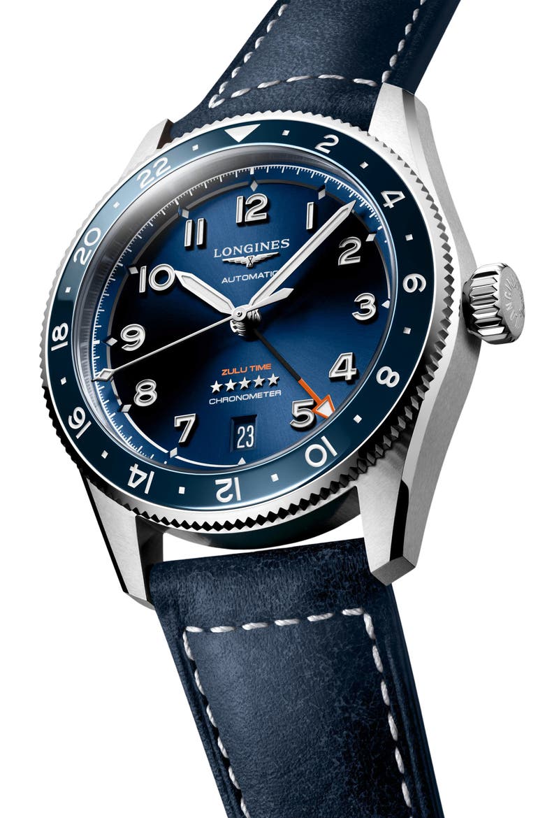 Spirit Zulu Time GMT Automatic Leather Strap Watch, 39mm, Alternate, color, BLUE
