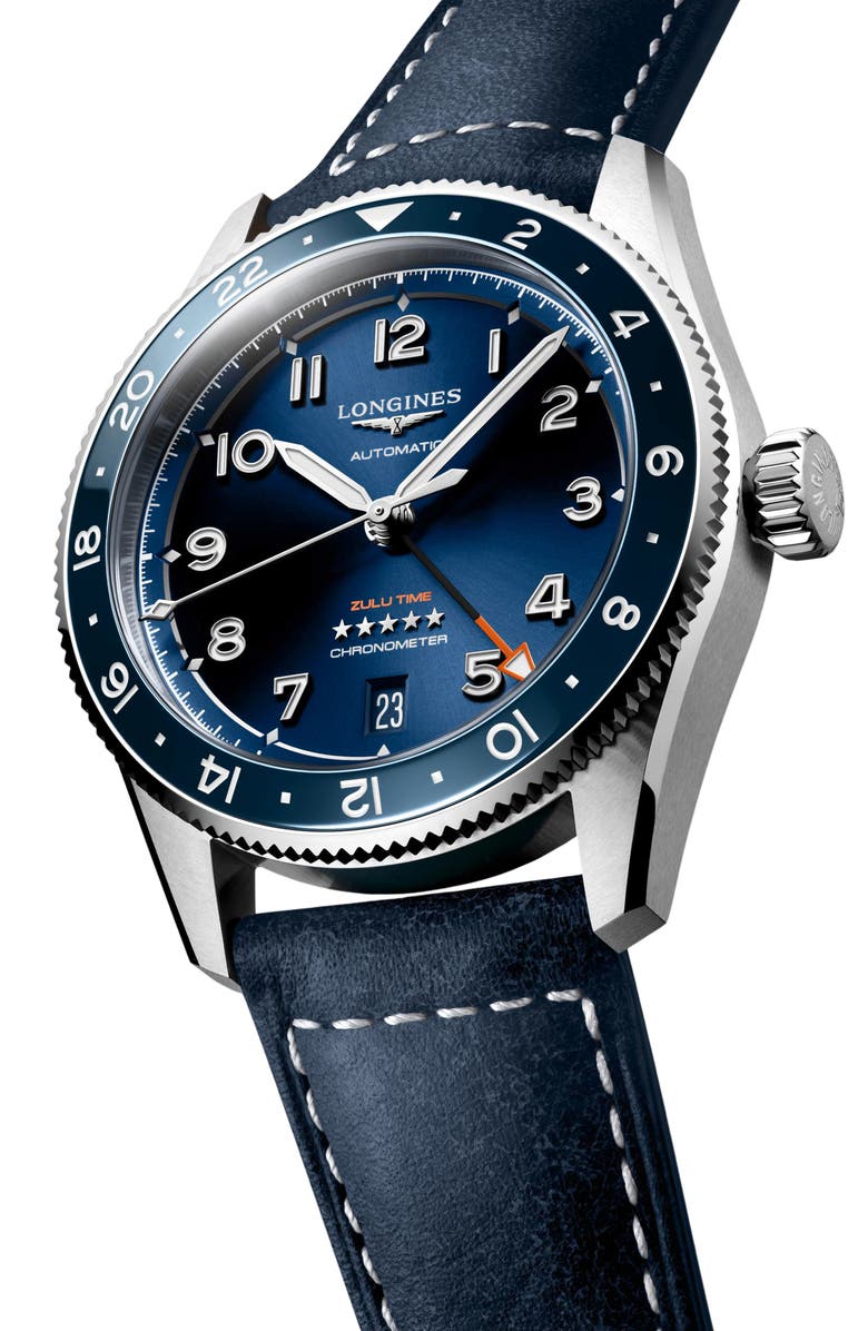 Longines Spirit Zulu Time GMT Automatic Leather Strap Watch, 39mm, Alternate, color, Blue