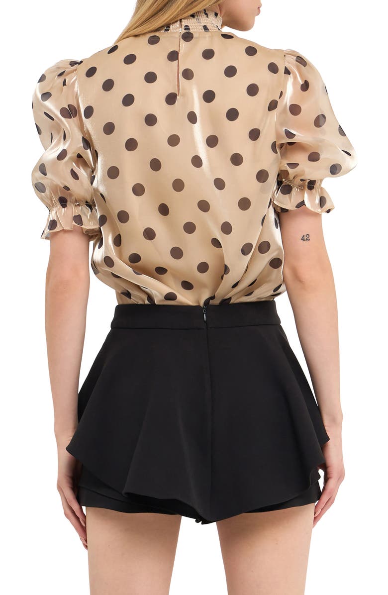 English Factory Polka Dot Puff Sleeve Satin Top, Alternate, color, Beige/ Black