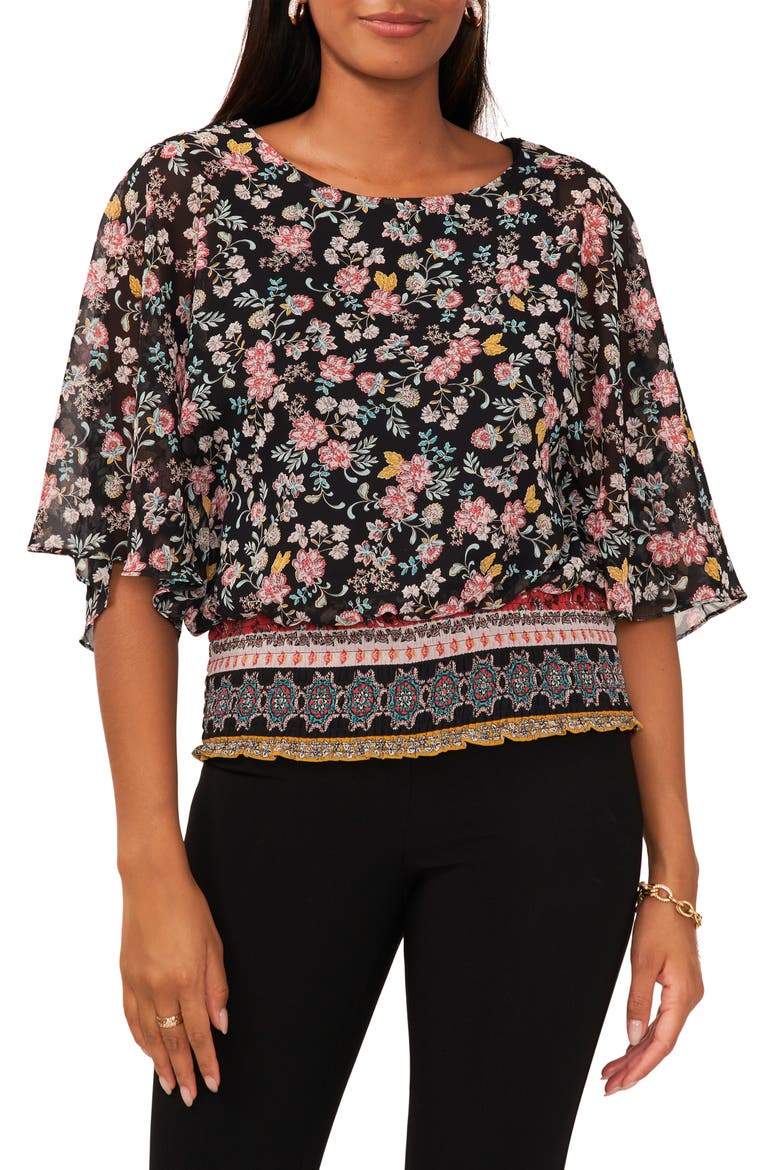 Smocked Floral Top, Main, color, BLACK 001