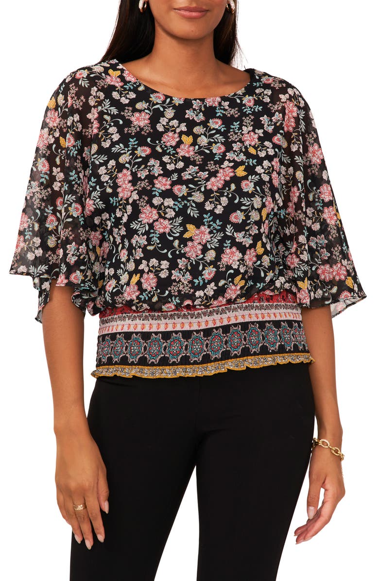 Chaus Smocked Floral Top, Main, color, Black 001