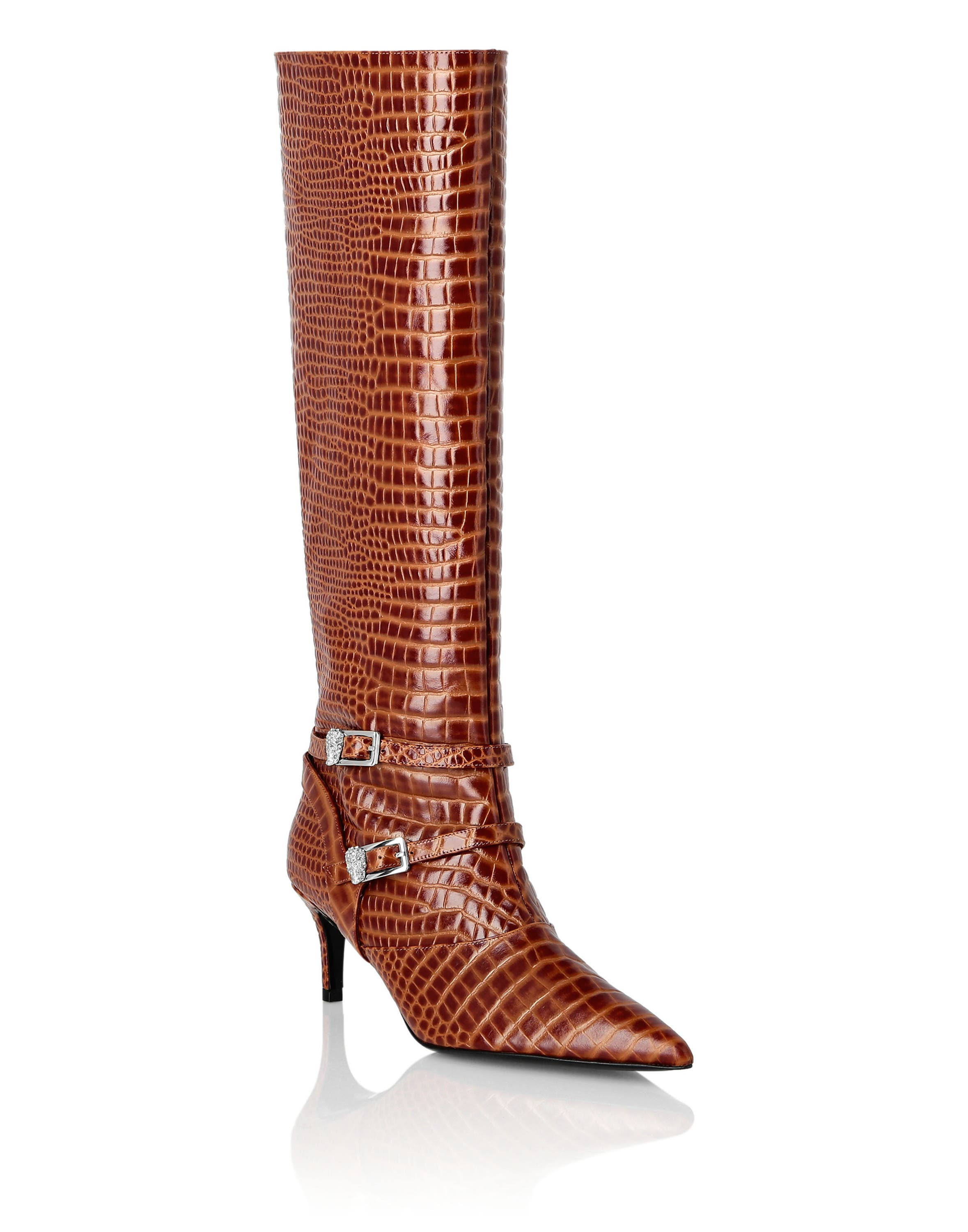 Low-Heel Strapped High Boots Cocco Print Women, Main, color, brown