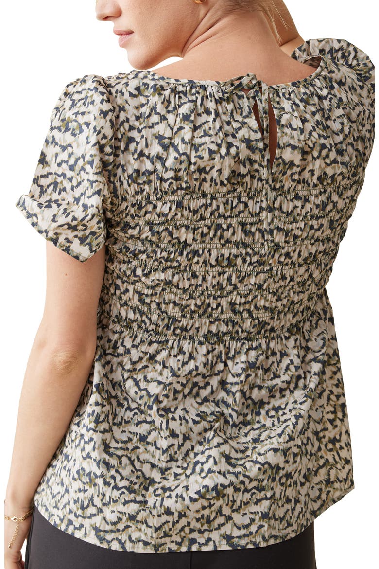 Smocked Puff Sleeve Maternity Top, Alternate, color, OLIVE/ NAVY ABSTRACT IKAT