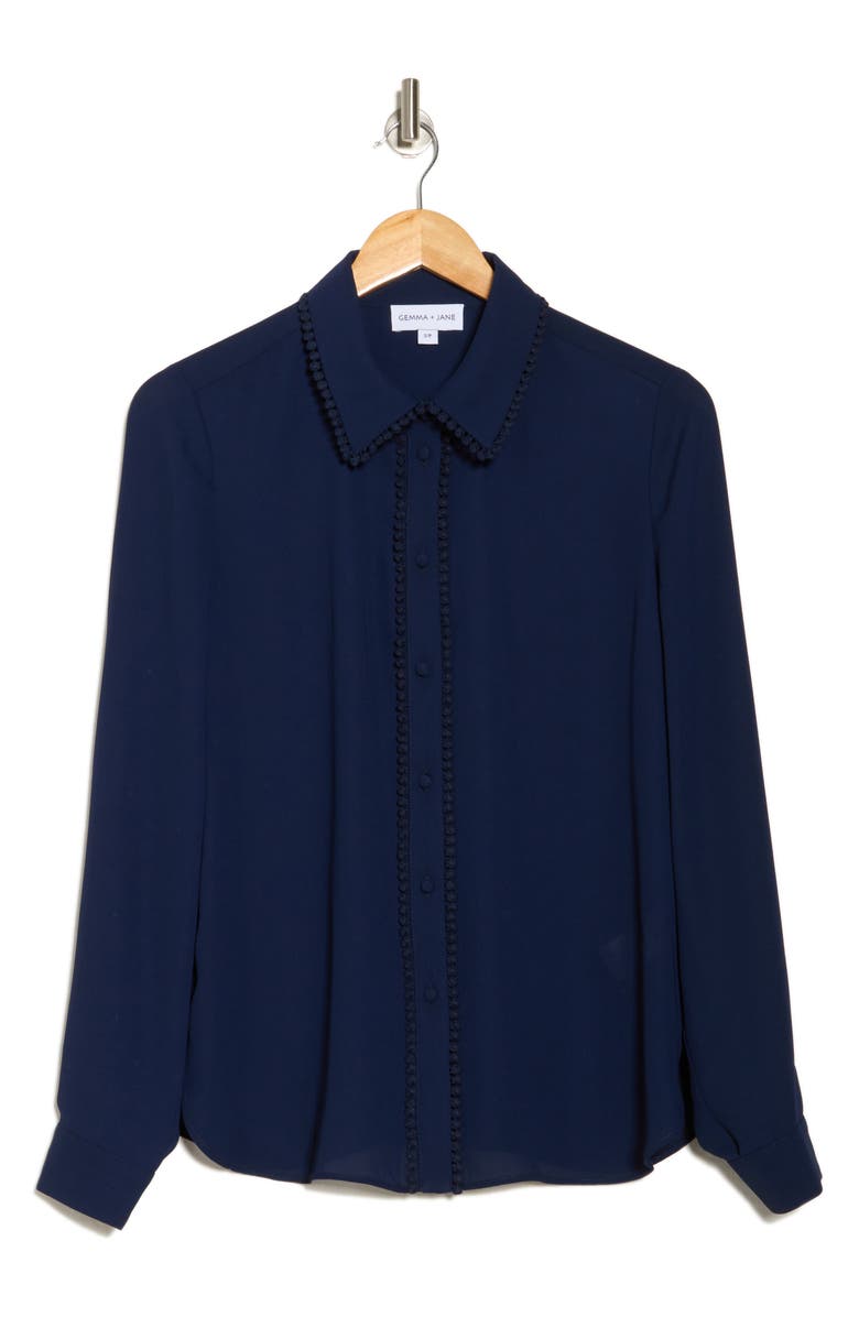 Gemma + Jane Lace Trim Button-Up Shirt, Alternate, color, Navy