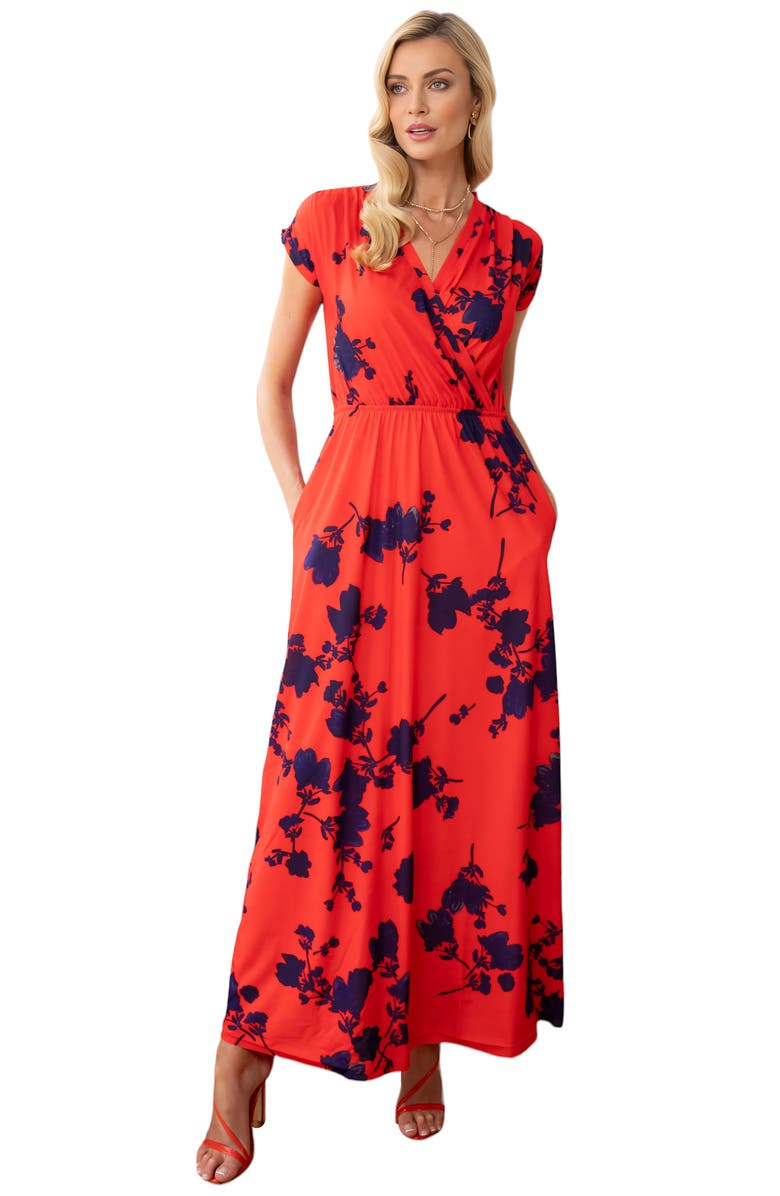 HotSquash London Clothing Faux-Wrap Jersey Maxi Dress, Main, color, Red With Blue Flower