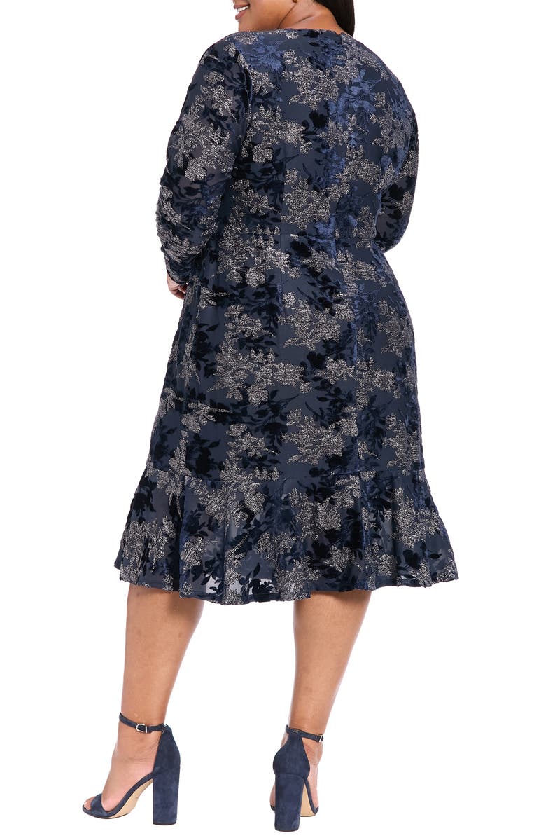 London Times Burnout Floral Velvet Long Sleeve Dress, Alternate, color, Navy Black/ Silver