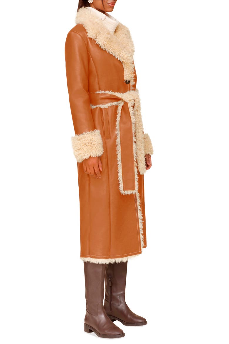 Faux Leather & Faux Shearling Belted Long Coat, Alternate, color, WHISKEY