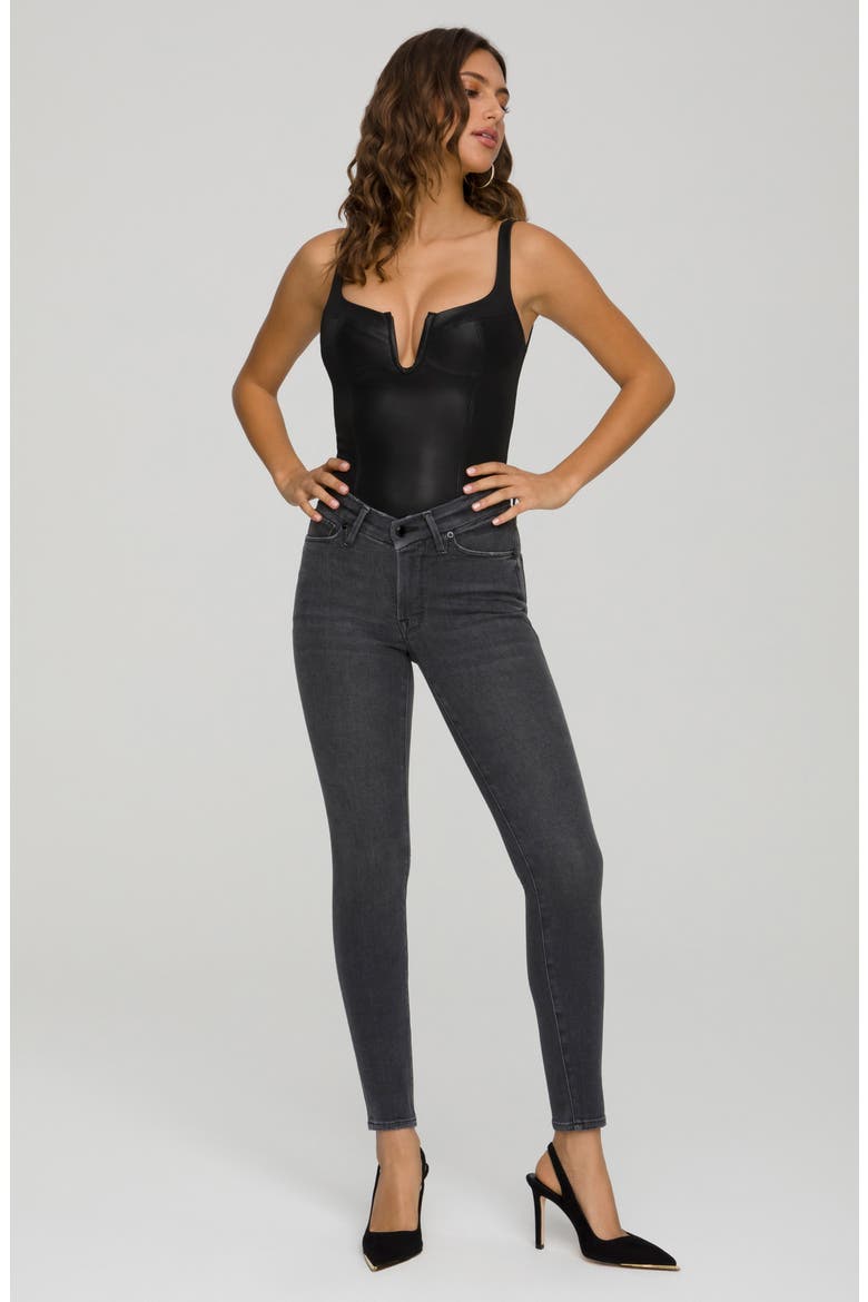 U-Neck Corset Faux Leather Bodysuit, Alternate, color, BLACK