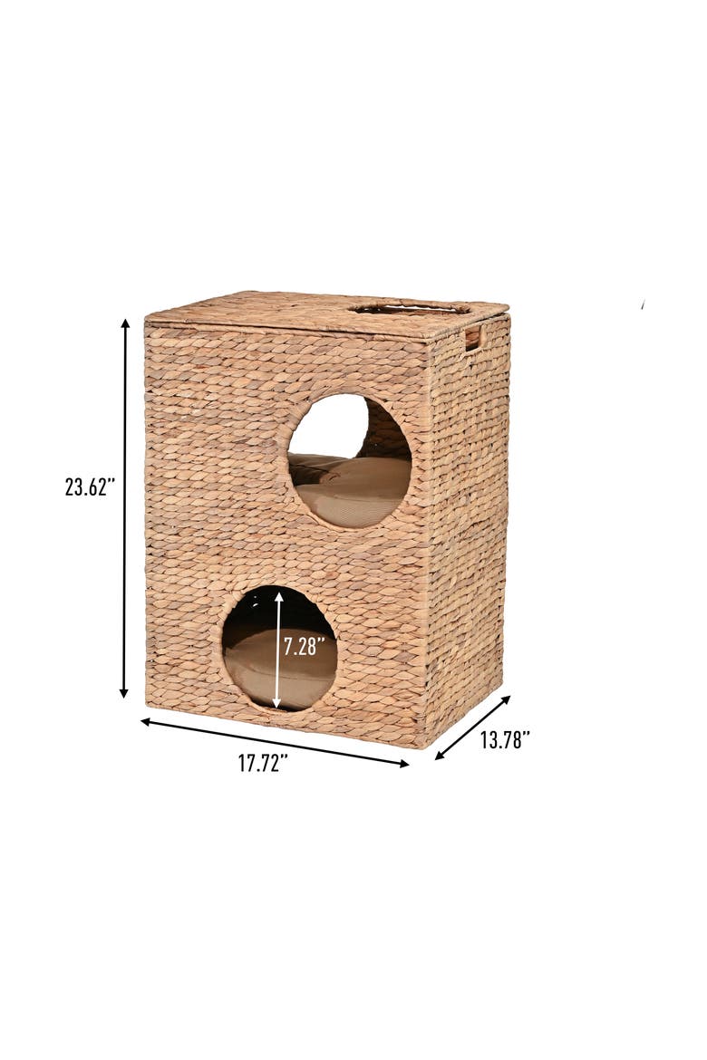 Jaxon 18" 2-Tier Handwoven Hyacinth Rectangular 5-Hole Cat Condo, 2 Machine-Washable Cushions, Alternate, color, Natural