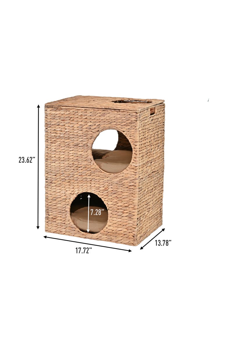The Licker Store Jaxon 18" 2-Tier Handwoven Hyacinth Rectangular 5-Hole Cat Condo, 2 Machine-Washable Cushions, Alternate, color, Natural
