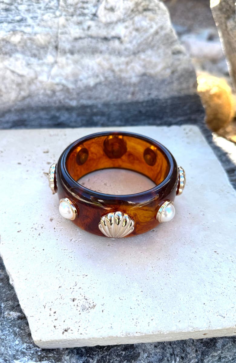 Adornia Faux Pearl & Shell Bangle Bracelet, Alternate, color, Brown